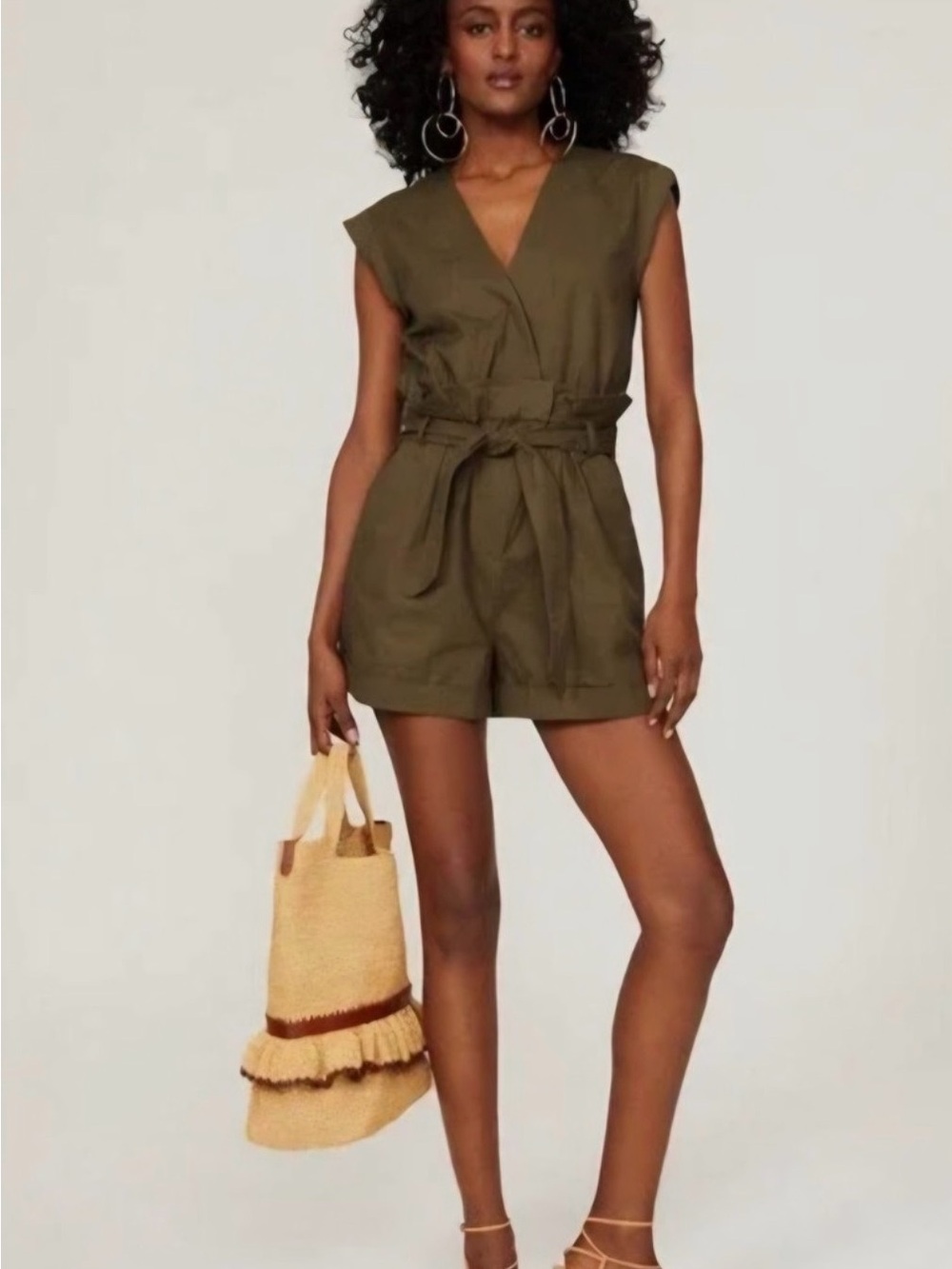 Marissa Webb Olive Green Sleeveless Wrap Belted Romper